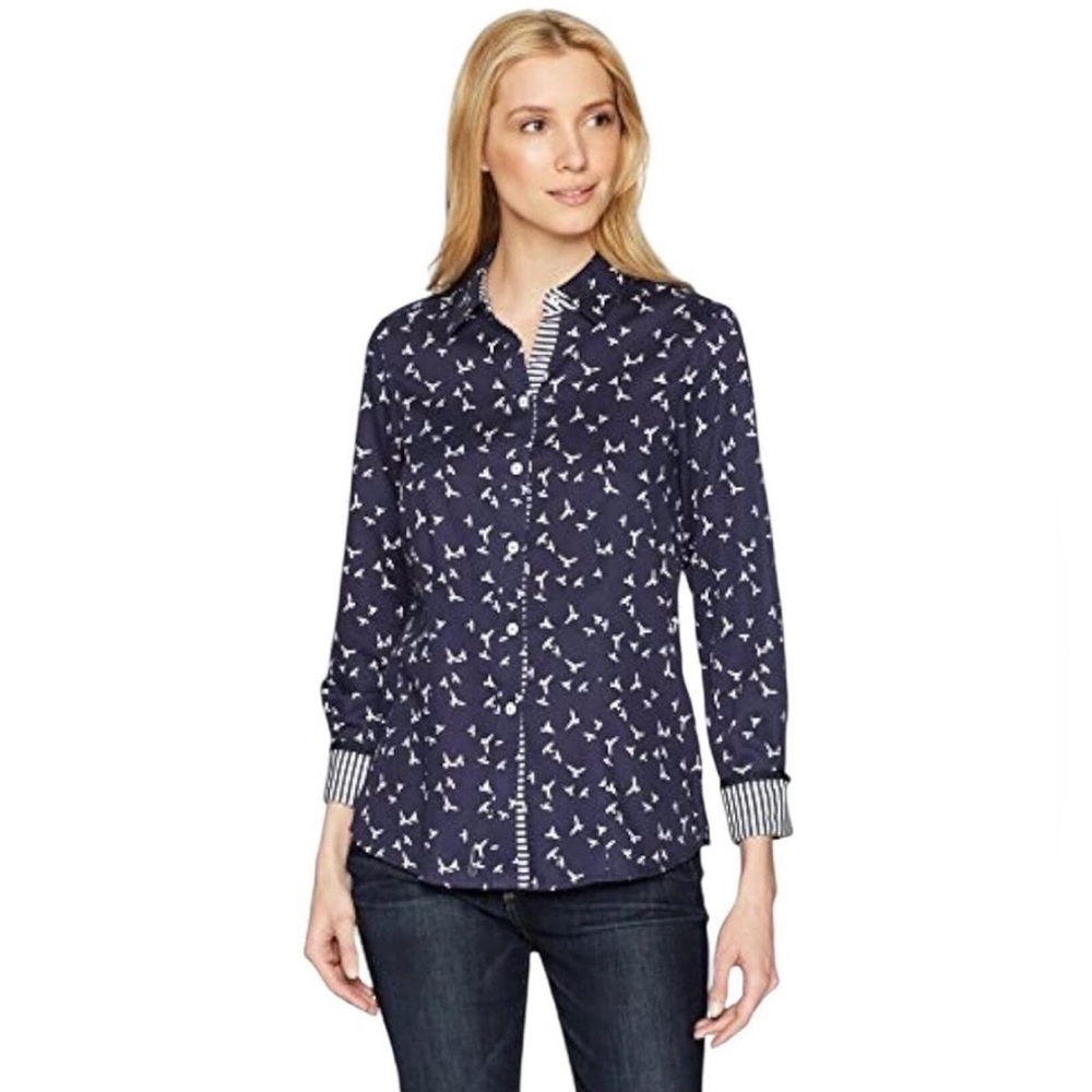 Foxcroft Navy Button Down Shirt with White Accents